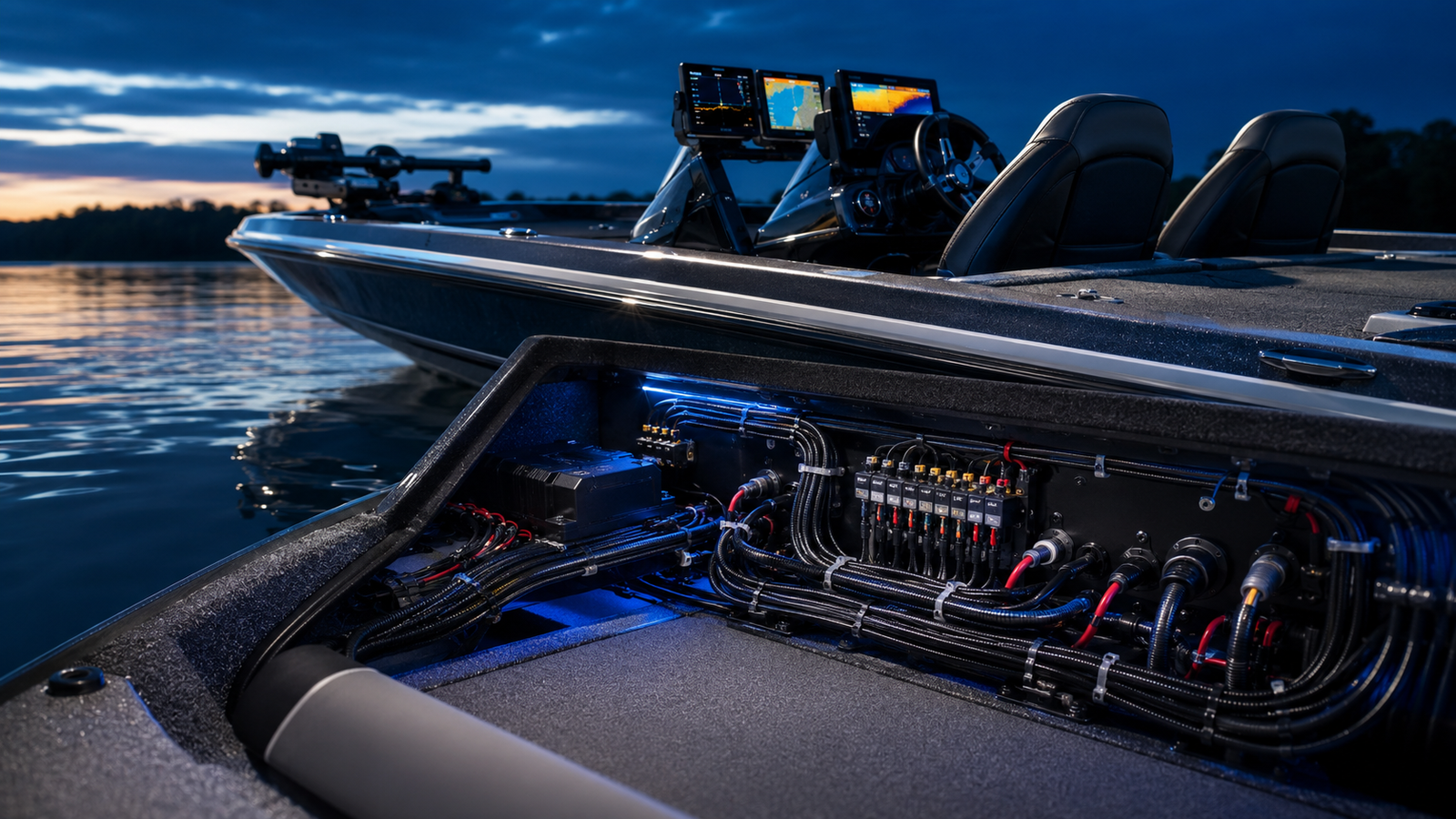 Custom marine wiring harness installation with organized boat electronics and clean power routing on a bass boat