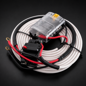 Marine Graph Power Harness for fish finders, sonar units and marine electronics wiring on a dark graphite studio background