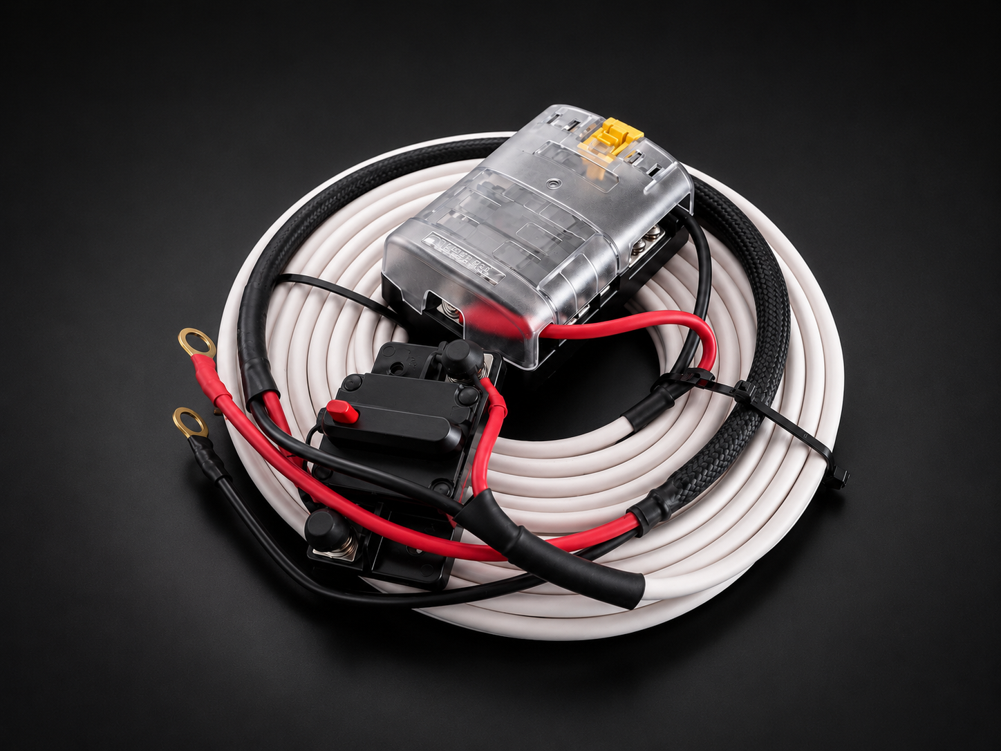 Marine Graph Power Harness for fish finders, sonar units and marine electronics wiring on a dark graphite studio background